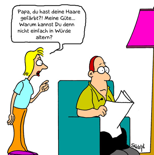 Cartoon: Würde (medium) by Karsten Schley tagged mann,männer,mode,gesellschaft,kinder,teenager,altern,mann,männer,gesellschaft,teenager,altern,kinder,mode,fashion,trend,färben,alter,beauty,schönheit,frisur,haare,färbung,eltern,vater,famlie,würde