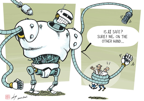 Cartoon: Artificial Insecurity (medium) by rodrigo tagged ai,artificialintelligence,danger,safety,security,summit,tech,technology,virtual,greatbritain,uk,southkorea,seoul,hype,international,economy,politics,society,work,robots,openai,chatgpt,world,military,war,artificialintelligence,danger,safety,security,summit,tech,technology,virtual,greatbritain,uk,southkorea,seoul,hype,international,economy,politics,society,work,robots,openai,chatgpt,world,military,war