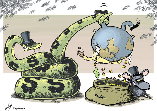 Cartoon: Big money and global corruption (medium) by rodrigo tagged oecd,bribery,global,corruption,bribes,officials,big,companies,capitalism,world,trade