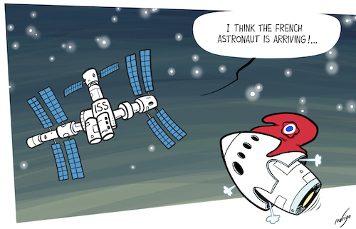 Cartoon: Bonjour ISS! (medium) by rodrigo tagged space,iss,astronauts,france,nasa,esa,spacestation,women,sophieadenot,internationalspacestation,rocket,spacex,adenot,equality,female,international,science,technology,politics,society,space,iss,astronauts,france,nasa,esa,spacestation,women,sophieadenot,internationalspacestation,rocket,spacex,adenot,equality,female,international,science,technology,politics,society