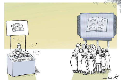 Cartoon: Books or telly (medium) by rodrigo tagged books,reading,publishing,press,education,television,media,internet