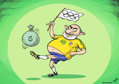 Cartoon: Brazilian euphoria (medium) by rodrigo tagged brazil,president,lula,silva,olympic,games,rio,janeiro,soccer,football,world,cup,economy,growth,crisis