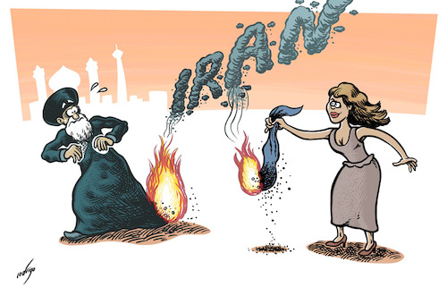 Cartoon: Burning the fabric (medium) by rodrigo tagged iran,women,protest,antigovernment,tehran,authorities,uprising,people,demonstrators,oppression,hijab,burning,symbols,islam,religion,politics,society,human,rights,demonstration,crackdown,violence,mahsa,amini