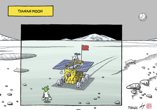 Cartoon: China explores the moon (medium) by rodrigo tagged china,moon,lander,probe,alien,space,astronaut,science,tiananmen,human,rights