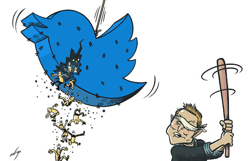 Cartoon: Executwitter (medium) by rodrigo tagged twitter,elon,musk,takeover,staff,global,employees,chaos,layoffs,work,workers,workforce,office,asia,pacific,middle,east,africa,latin,america,mexico,economy,business,finance,crisis,jobs,technology,internet