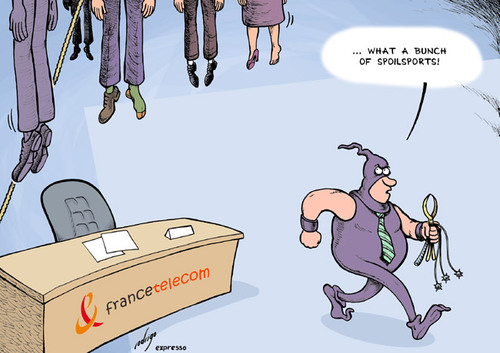 Cartoon: France Telecom suicides (medium) by rodrigo tagged suicide,france,telecom,boss,torture,work,job,unemployment,administrator