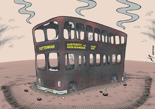 Cartoon: London after the riots (medium) by rodrigo tagged violence,hooliganism,austerity,tottenham,bus,uk,england,riots,london,crisis