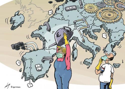 Cartoon: Mechaneurism (medium) by rodrigo tagged eu,merkel,macron,europe,recovery,mechanism,bazooka,coronavirus,covid19,pandemic,economy,finance,business,summit,deal