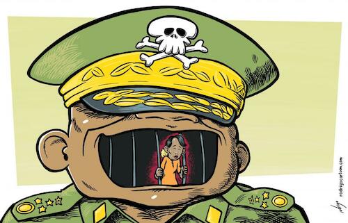 Cartoon: Myanmarrested (medium) by rodrigo tagged myanmar,military,junta,aung,san,suu,kyi,prison,court,trial,international,politics,society,democracy,asia,army,human,rights,nobel,justice