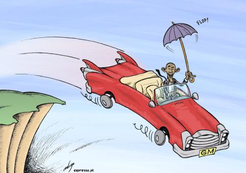 Cartoon: Obama saves crashing GM (medium) by rodrigo tagged obama,usa,president,general,motors,gm,cars,auto,industry