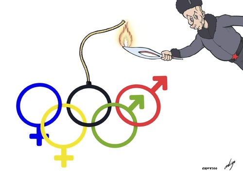 Cartoon: Olympic Terrors (medium) by rodrigo tagged russia,putin,winter,olympic,games,sochi,2014,security,terrorism,terror,homosexual,gay,lesbian