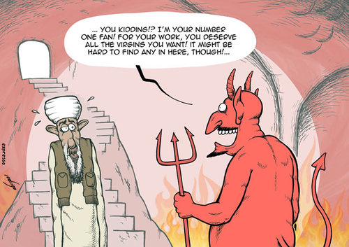 Cartoon: Osama bin Laden in Hell...ven (medium) by rodrigo tagged osama,bin,laden,hell,heaven,virgins,islam,al,qaeda,terror,strike