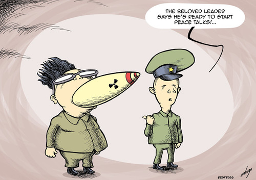 Cartoon: Peaceful Pyongyang (medium) by rodrigo tagged north,korea,peace,talks,south,kim,jong,il,nuclear,war,pyongyang,seoul