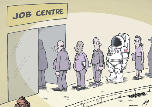 Cartoon: Space Shuttles close down (medium) by rodrigo tagged nasa,space,shuttle,program,budget,cuts,astronaut,job,centre,work,unemployment