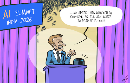 Cartoon: Talking AI (medium) by rodrigo tagged ai,artificialintelligence,summit,india,newdelhi,technology,robotics,chatgpt,grok,alexa,science,international,politics,society,france,emmanuelmacron,narendramodi,macron,modi,ai,artificialintelligence,summit,india,newdelhi,technology,robotics,chatgpt,grok,alexa,science,international,politics,society,france,emmanuelmacron,narendramodi,macron,modi