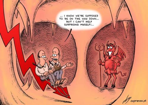 Cartoon: The infernal drop (medium) by rodrigo tagged economy,crisis,financial,international,banks,greed,sin,hell,demon,devil