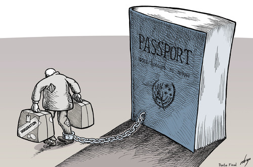 Cartoon: Though immigration (medium) by rodrigo tagged though,immigration,immigrants,refugee,conflict,war,poverty
