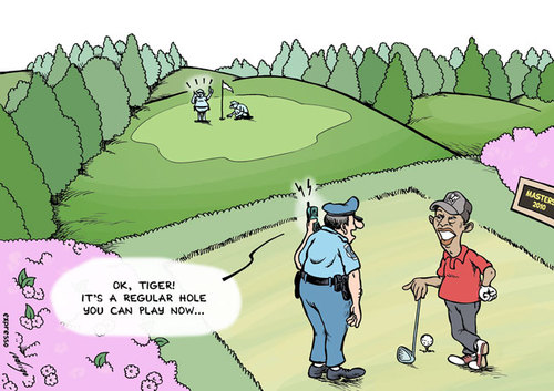 Cartoon: Tiger is back (medium) by rodrigo tagged tiger,woods,golf,pga,masters,lovers,mistress,affair,police,fbi,security