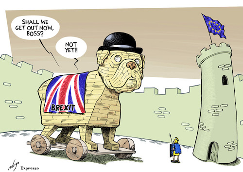 Cartoon: Trojan holds (medium) by rodrigo tagged brexit,united,kingdom,uk,eu,europe,politics,international,economy,election,referendum,vote