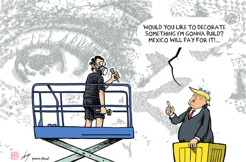 Cartoon: Trump wants Vhils (medium) by rodrigo tagged us,president,donald,trump,mexico,wall,street,art,vhils
