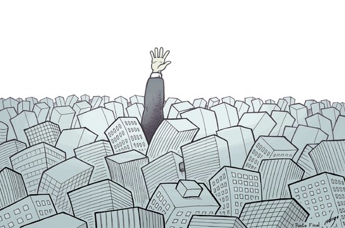 Cartoon: Urban drowning (medium) by rodrigo tagged overpopulation,people,life,quality,buildings,architecture,urban,cities,big