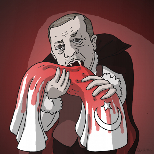 Cartoon: Erdogans Referendum (medium) by Rainer Demattio tagged blut,diktatur,drakula,erdogan,fahne,flagge,fledermaus,politik,saugen,türkei,vampir,zahn,zähne
