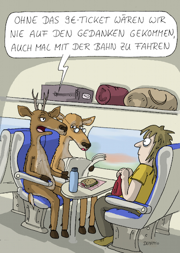 Cartoon: Neun Euro Ticket - Neue Kunden (medium) by Rainer Demattio tagged neun,euro,ticket,bahn,fahren,neukunden,rehe,natur,umwelt,umweltschutz,mobilität,zug,verkehr,neun,euro,ticket,bahn,fahren,neukunden,rehe,natur,umwelt,umweltschutz,mobilität,zug,verkehr