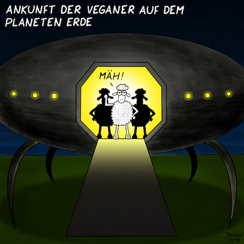 Cartoon: Ankunft (medium) by Yavou tagged vegan,veganer,cartoon,yavou,ankunft,schafe,ufo,raumschiff,weltraum,ausserirdische,erde,ernährung,essen,besucher,vegan,veganer,ankunft,schafe,ufo,raumschiff,weltraum,ausserirdische,erde,ernährung,essen,besucher