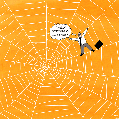 Cartoon: TARANTULA - ENG (medium) by Yavou tagged tarantula,cartoon,spider,spiders,web,spinne,spinnennetz,arachnida,business,man,koffer,suitcase,spinne,spinnennetz,netz,netzwerk,arbeit,job