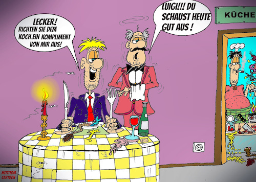 Cartoon: Kompliment im Restaurant (medium) by Mittitom tagged restaurant,gastronomie,essen,kellner,koch