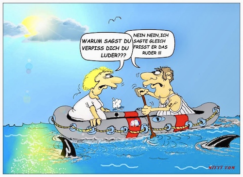 Cartoon: Missverständnis (medium) by Mittitom tagged schlauchboot,ruder,haie,missverständnis,schwerhörigkeit,luder,ausrede