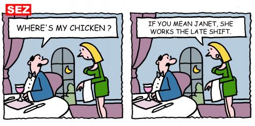 Cartoon: sez004 (medium) by Flantoons tagged love,and,men,women,mann,frau,beziehung,partnerschaft,partnersuche,affäre,restaurant,gastronomie,huhn,hühnchen,fleisch,kellner,kellnerin,ober,service