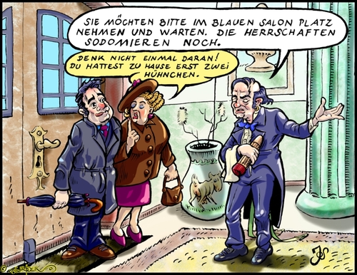Cartoon: Besuch in Sodom (medium) by KritzelJo tagged mann,frau,besuch,butler,sodom,salon,gesellschaft