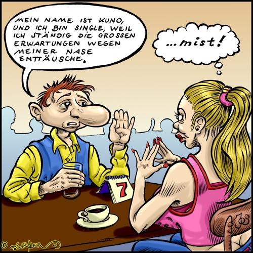 Cartoon: Der Nasenfaktor im Dating-Cafe (medium) by KritzelJo tagged single,cafe,sprichwort,johannes,nase,dating,frau,mann
