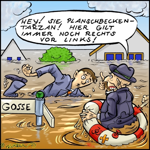 Cartoon: Der Planschbeckentarzan (medium) by KritzelJo tagged schwimmer,straßenverkehrsordnung,verkehrsregeln,überflutung,rettungsring,hut