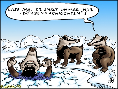 Cartoon: Die Börsennachricht (medium) by KritzelJo tagged winter,schnee,see,eis,spielen,dachs,einbruch,aktienindex,dax