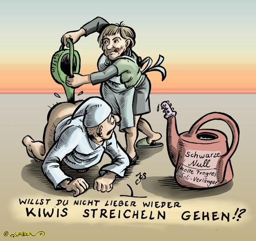 Cartoon: Geh Kiwis streicheln! (medium) by KritzelJo tagged giesskanne,progression,kalte,soffin,michel,merkel,angela,einlauf