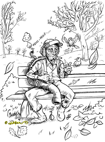 Cartoon: Laubbläser (medium) by KritzelJo tagged spatzen,vögel,laub,herbst,parkbank,park,zigarette,laubbläser