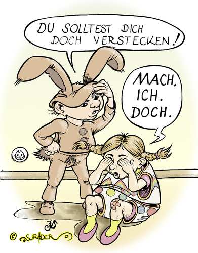 Cartoon: Versteck Dich. (medium) by KritzelJo tagged mädchen,junge,osterei,osterhase,verkleiden,verstecken,ostern