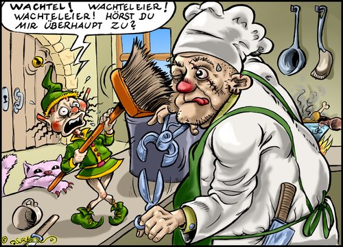 Cartoon: Wachteleier (medium) by KritzelJo tagged wachteleier,wichtel,koch,küche,delikatesse,messer,zange