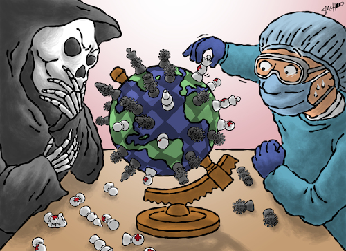 Cartoon: Deadly Match (medium) by cartoonistzach tagged coronavirus,covid19,pandemic,health,global,doctor,chess,coronavirus,covid19,pandemic,health,global,doctor,chess