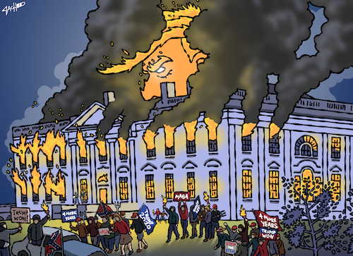 Cartoon: The Burning of the White House (medium) by cartoonistzach tagged trump,biden,transition,united,states,elections,the,trump,biden,transition,united,states,elections