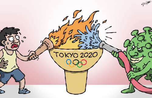 Cartoon: Tokyo Olympics and COVID-19 (medium) by cartoonistzach tagged tokyo,olympic,games,covid,coronavirus,sports,tokyo,olympic,games,covid,coronavirus,sports