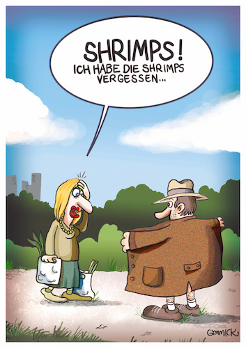Cartoon: Shrimps vergessen (medium) by GYMMICK tagged gymmick,shrimps,einkaufen,exhibitionist,frau,mann,tüte,lauch,park