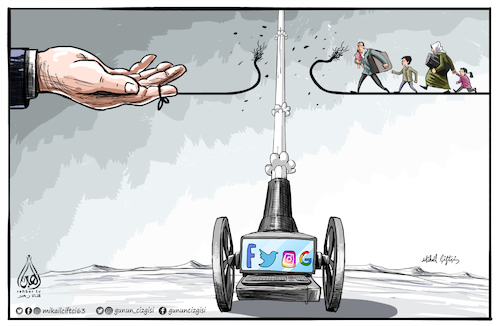 Cartoon: social media and perception (medium) by Mikail Ciftci tagged social,media,perception,refugees,cartoon,mikailciftci