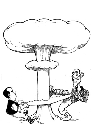 Cartoon: Medvedev and Obama in Prague (medium) by Nenad Vitas tagged new,salt,nuclear,weapons