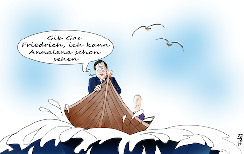 Cartoon: Armin und Fritz in einem Boot (medium) by Fish tagged armin,laschet,friedrich,merz,bundeskanzler,kanzlerkandidat,wahlkampd,cdu,grüne,spd,annalena,baerbock,boot,holzboot,motorboot,wellen