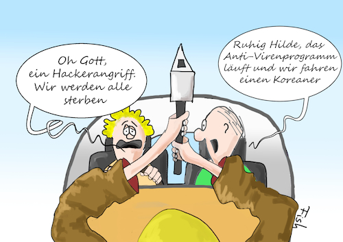 Cartoon: Hackerangriff auf BMW (medium) by Fish tagged hacker,internet,bmw,industriespionage,spionage,industrie,viren,virenschutz,koreaner,kleinwagen