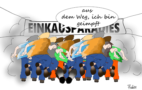 Cartoon: Massenansturm (medium) by Fish tagged corona,lockerungen,inzidenz,pfingsten,öffnungen,ansturm,massen,warnung,impfung,freiheit,rechte,freiheitsrechte