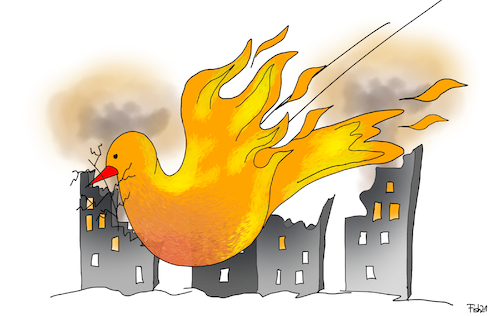 Cartoon: Nahost in Flammen (medium) by Fish tagged israel,gaza,frieden,kried,hamas,raketen,tunnel,netanjahu,nahost,palästinenser,palästina,taube,ruinen,friedenstaube,flammen,flamme